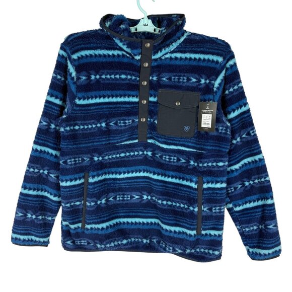 Ariat Men's Pullover Blue Depths Serape Polar Bear Fleece Hood Size Large NWT - Picture 2 of 12